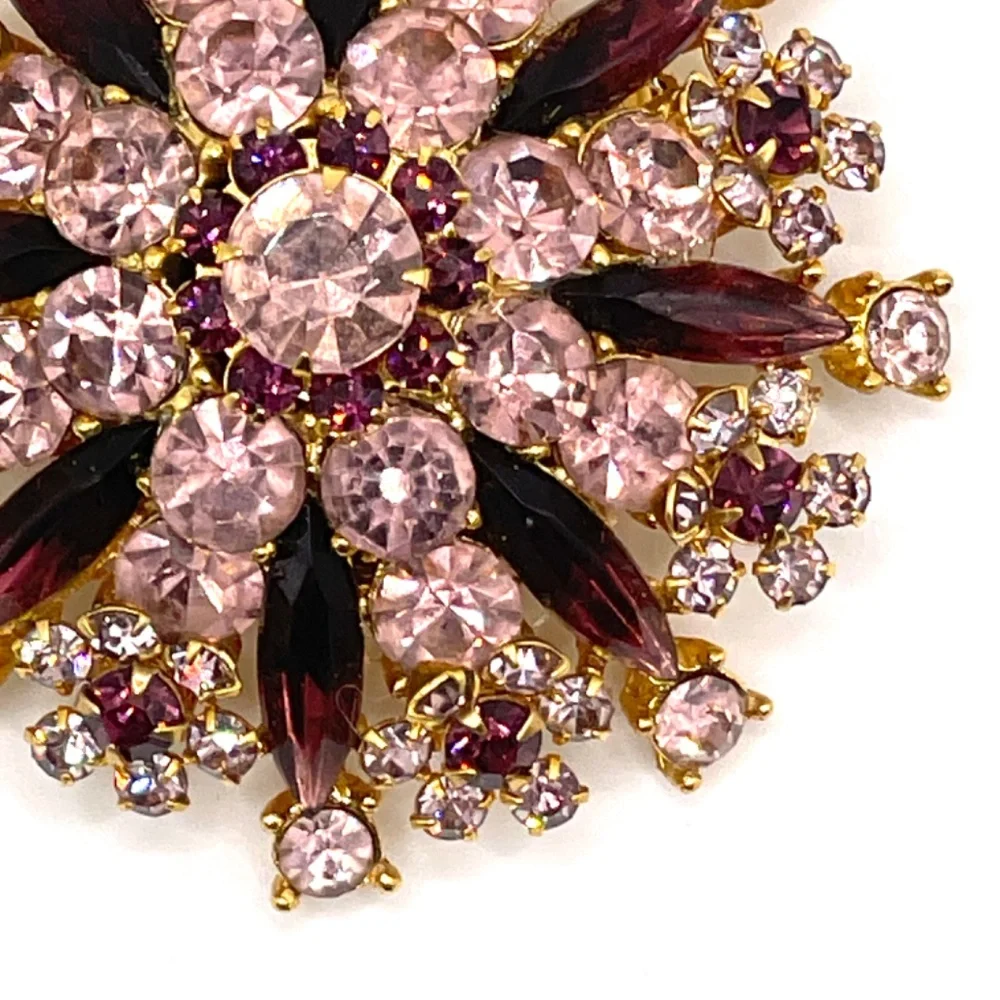 Vintage Pale Pink Deep Purple Rhinestone Sunburst Pin Brooch